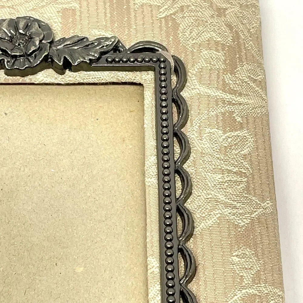 Vintage Russ Berrie 5x7 Fabric Pewter Floral Photo Frame with Tag-Tabletop